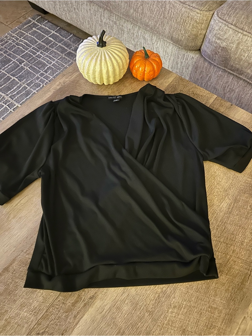 Haute Monde Black Short-Sleeve Surplice Knit Top